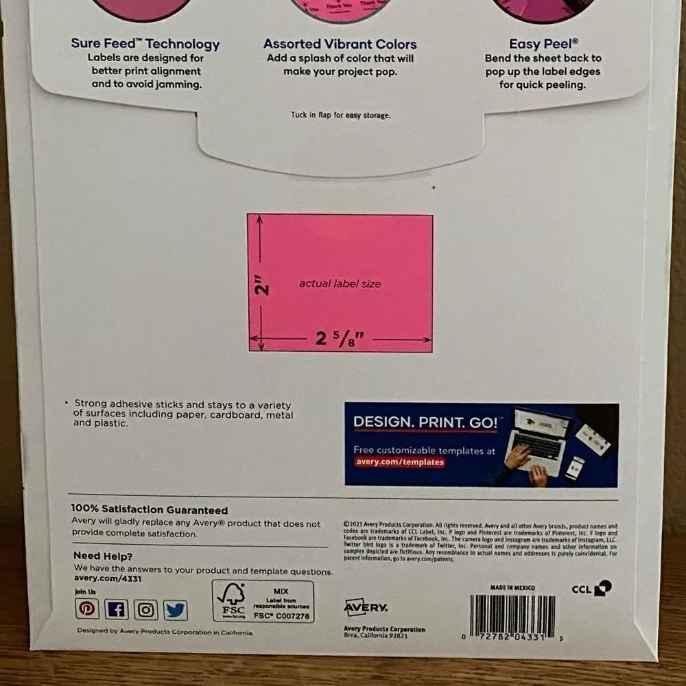 NWT New 300 Avery Rectangular Labels w/Sure Feed Bright Colors 4331, 2